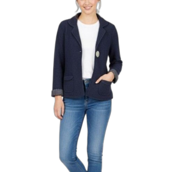 Boden Navy Nubby Sweater Knit Mother of Pearl Button Sweater Blazer Size 12 - Picture 1 of 16